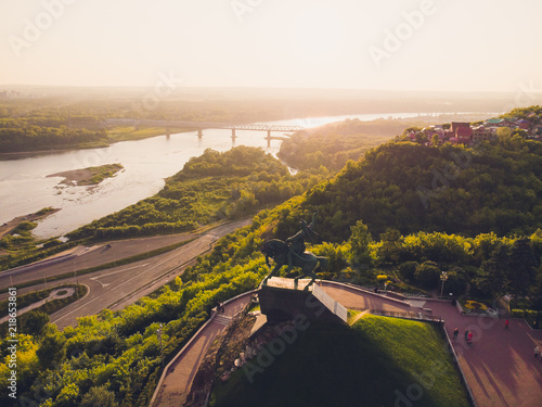 Monument to Salavat Yulayev, Ufa, Bashkortostan, Russia sunset, bird's eye view
