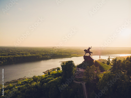 Monument to Salavat Yulayev, Ufa, Bashkortostan, Russia sunset, bird's eye view