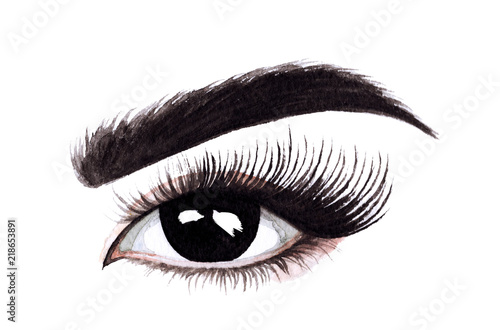 Woman eyes with long eyelashes. Hand drawn watercolor illustration. Eyelashes and eyebrows. Сoncept of eyelash extensions, microblading, mascara,  beauty salon. Black eyes.