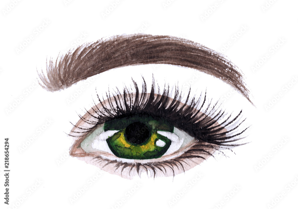 Woman eyes with long eyelashes. Hand drawn watercolor illustration. Eyelashes and eyebrows. Сoncept of eyelash extensions, microblading, mascara, beauty salon. Green eyes. Woman eyes with long eyelashes. Hand drawn watercolor illustration. Eyelashes and eyebrows. Сoncept of eyelash extensions, microblading, mascara, beauty salon. Green eyes.