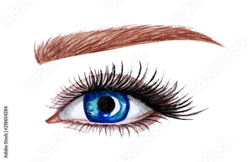 Woman eyes with long eyelashes. Hand drawn watercolor illustration. Eyelashes and eyebrows. Сoncept of eyelash extensions, microblading, mascara, beauty salon. Blue eyes.