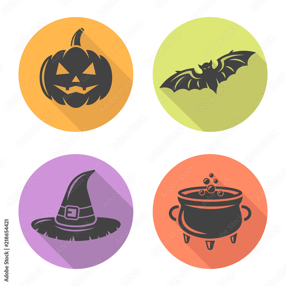 Halloween flat design round icons with long shadow