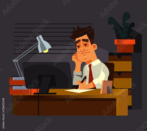 Sad unhappy office worker man character hard working late. Vector flat cartoon illustration