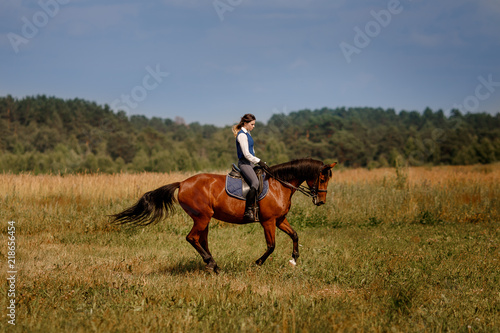 Young woman jockey gallop brown horse strolling across field. Concept rest for rich people. © Parilov