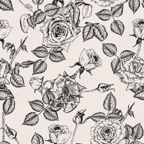 Vector seamless hand drawn pattern with roses in vintage graphic style. Gentle decoration pattern for paper, textile, handmade, wrapping decoration, scrap-booking, polygraphy, t-shirt, cards.