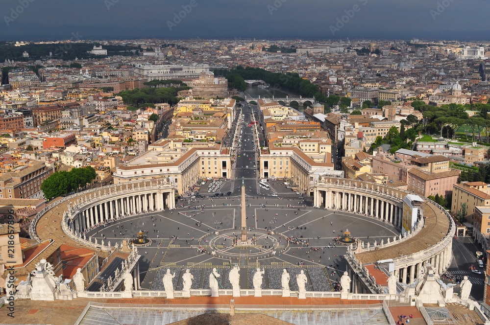 St. Peter's square and panorama of Rome from top of St. Peter's Cathedral, Vatican city, Italy