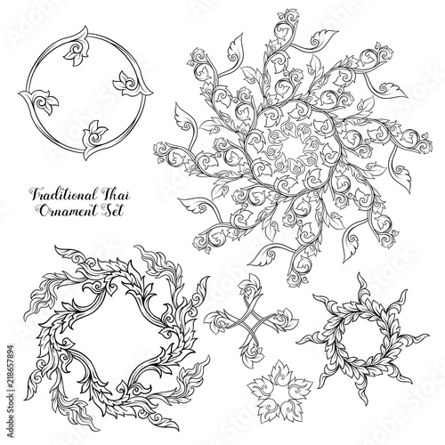 Set of outline decorative elements of traditional Thai ornament.