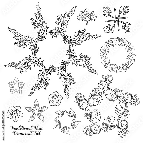 Set of outline decorative elements of traditional Thai ornament.