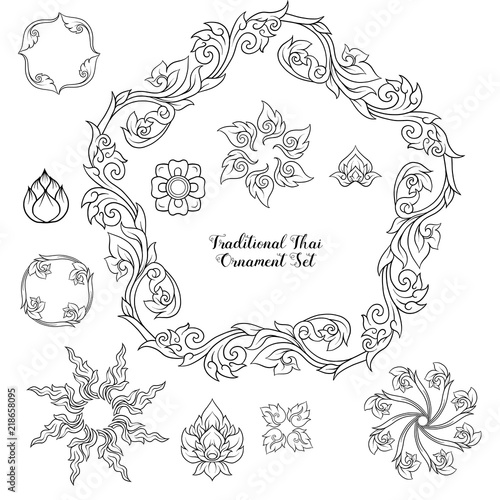 Set of outline decorative elements of traditional Thai ornament.