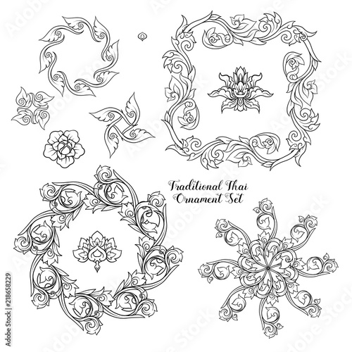 Set of outline decorative elements of traditional Thai ornament.