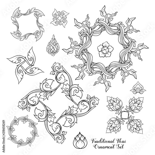 Set of outline decorative elements of traditional Thai ornament.