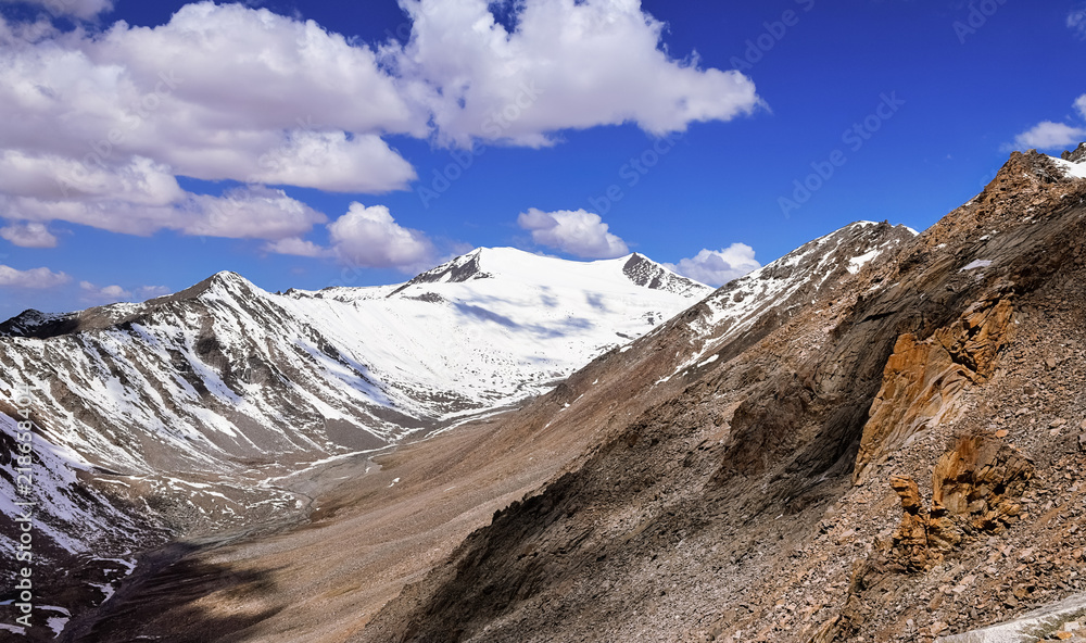 Himalayan snow capped mountain range at Khardung la pass Ladakh India.