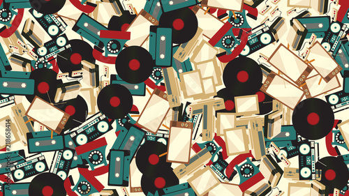 The texture is a seamless pattern of old vintage retro electronics technology from televisions, cassette tape recorders, vinyl records, computers, game consoles, phones from the 70's, 80's, 90's