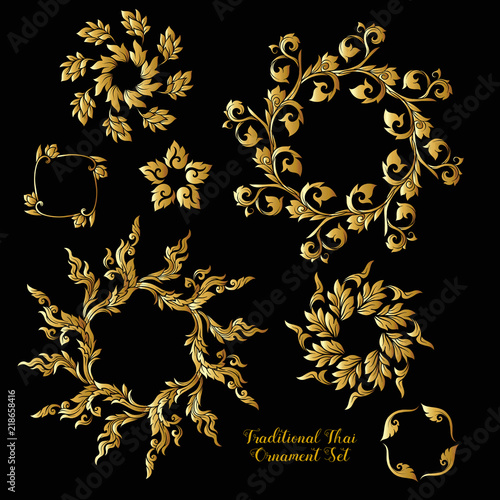 Set of gold decorative elements of traditional Thai ornament. 