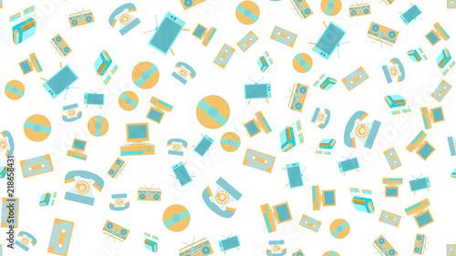 The texture is a seamless pattern of old vintage retro electronics technology from televisions, cassette tape recorders, vinyl records, computers, game consoles, phones from the 70's, 80's, 90's