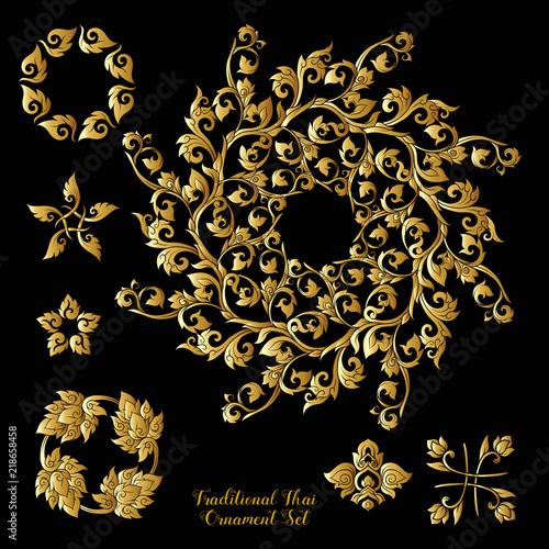Set of gold decorative elements of traditional Thai ornament. 