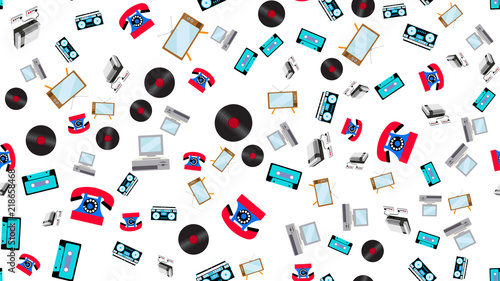 The texture is a seamless pattern of old vintage retro electronics technology from televisions, cassette tape recorders, vinyl records, computers, game consoles, phones from the 70's, 80's, 90's