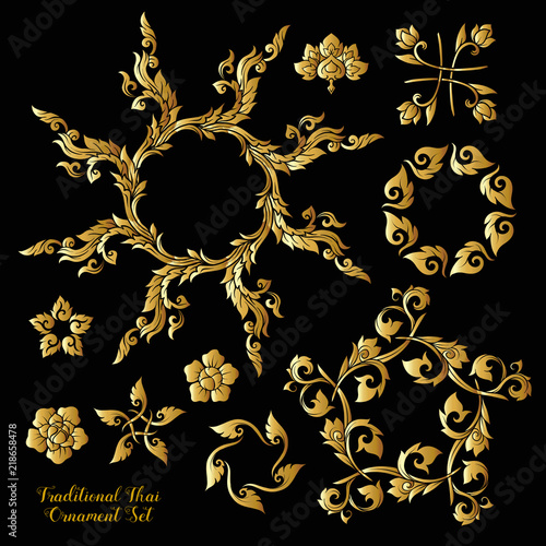Set of gold decorative elements of traditional Thai ornament. 