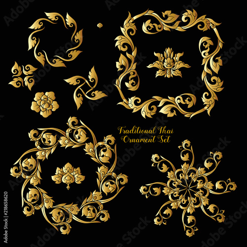 Set of gold decorative elements of traditional Thai ornament. 