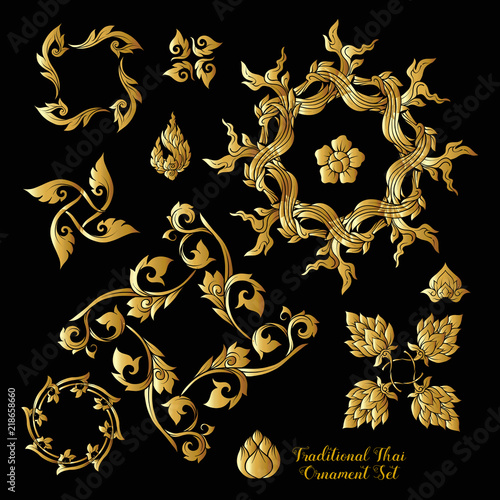 Set of gold decorative elements of traditional Thai ornament. 