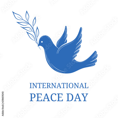 International Day of peace. Dove of peace with olive branch on blue background. Postcard, poster or web banner template.