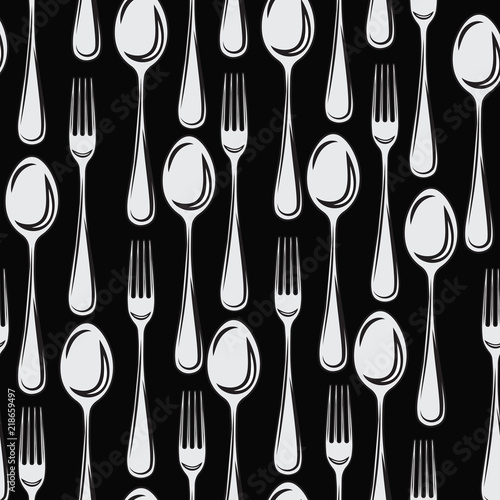 Seamless pattern, cutlery of a spoon with a fork on a black background