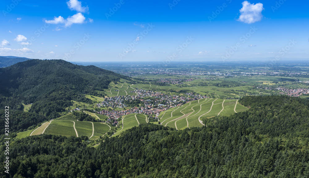 View over the Black Forest to the vineyards of the village Neuweier near Baden Baden, Germany