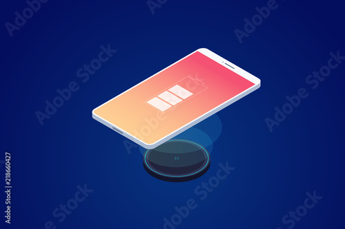 Wireless charging for smartphone. Modern technologies. Image charging on screen of mobile phone. 3d isometric design. Vector illustration.