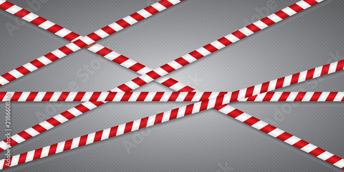 Fototapeta Naklejka Na Ścianę i Meble -  Red and white lines of barrier tape. The pole guard protects against the lack of input. Red and white barricade on a transparent background. Realistic red and white danger tape.