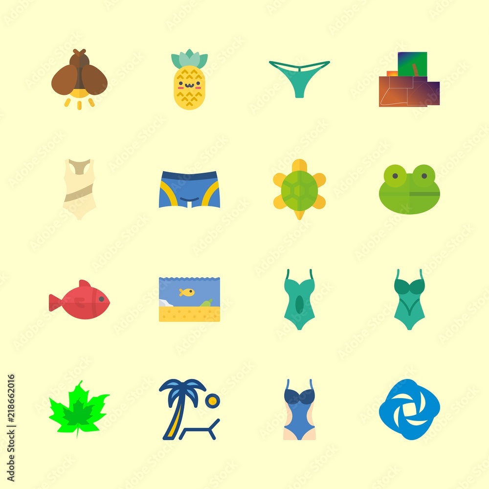 tropical vector icons set. swimsuit, frog, thong and sea life in this set