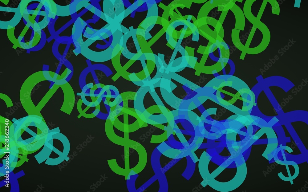 Fototapeta premium Multicolored translucent dollar signs on dark background. Green tones. 3D illustration