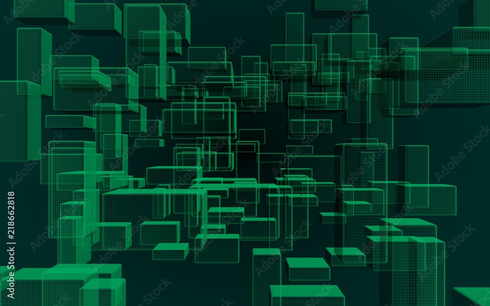 Fototapeta premium Green and dark abstract digital and technology background. The pattern with repeating rectangles. 3D illustration