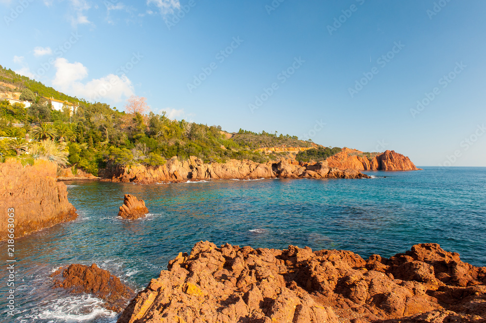 Orange rocks, sea and bay of corniche d'or de l'Esterel, south France near  Saint Tropez Stock Photo | Adobe Stock