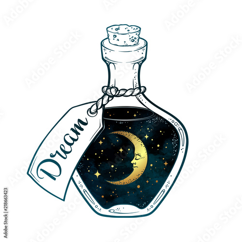 Hand drawn dream in bottle or wish jar with crescent moon and stars isolated. Sticker, print or tattoo design vector illustration.