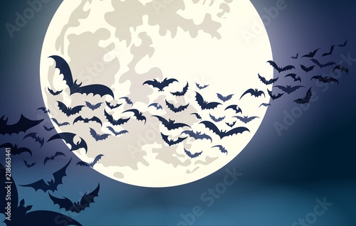 Halloween moon. Scary october night moon with flying bats flock spooky vector background