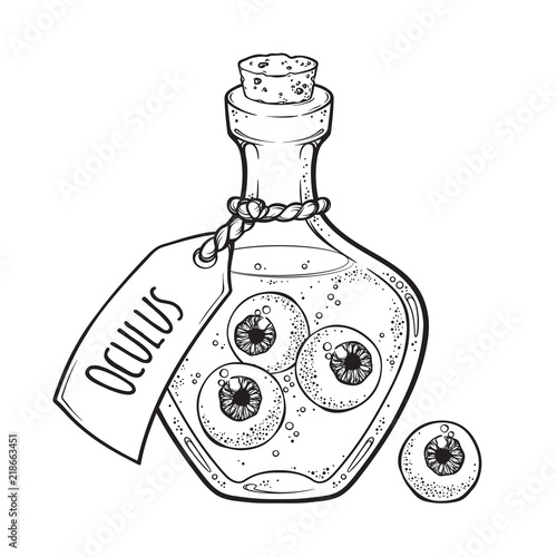 Eyeballs in glass bottle isolated. Sticker, patch, print or blackwork tattoo design hand drawn halloween art vector illustration.