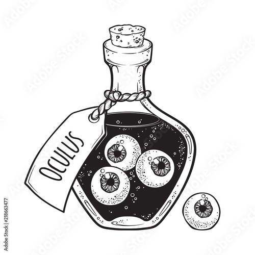 Eyeballs in glass bottle isolated. Sticker, patch, print or blackwork tattoo design hand drawn halloween art vector illustration.