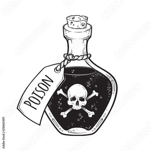 Poison in bottle line art and dot work hand drawn vector illustration. Boho style sticker, patch, print or blackwork flash tattoo design.