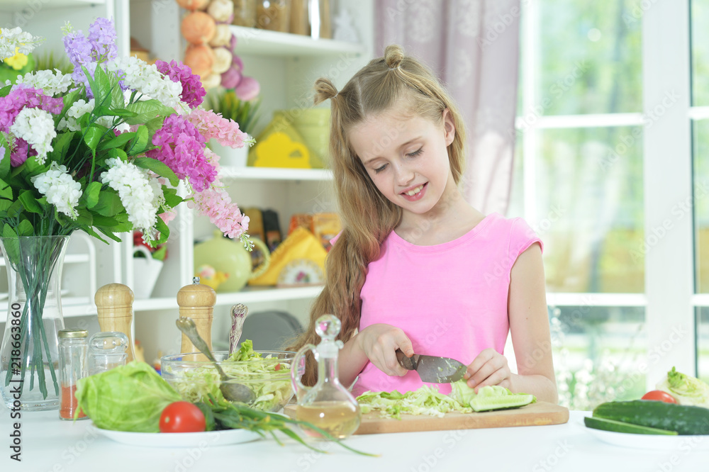 Portrait of cute girl preparing delicious fresh salad Portrait of cute girl preparing delicious fresh salad