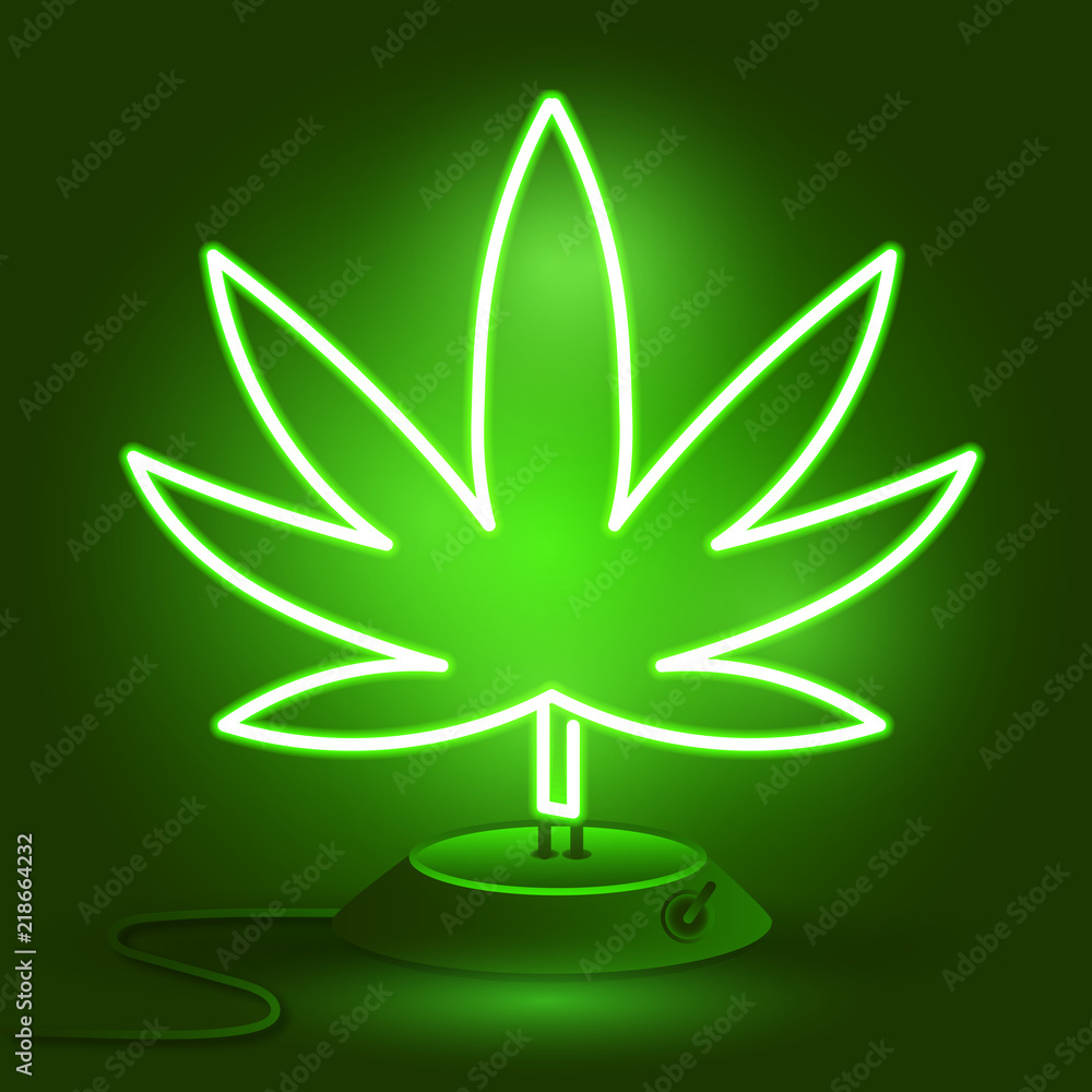 Medical Cannabis Logo with Marijuana Leaf Glowing Neon Light Style