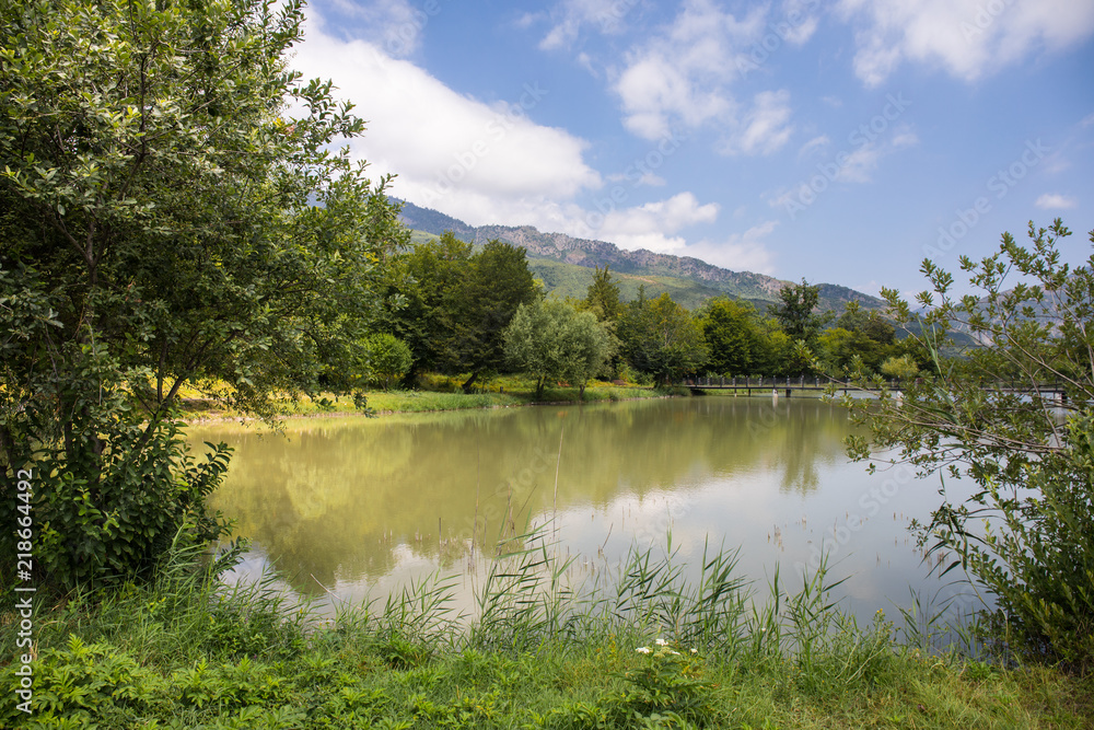Landscape with misty morning fog in the Forest Lake or Beautiful forest lake in the morning at winter time. Azerbaijan nature. Caucasus. Landscape with misty morning fog in the Forest Lake or Beautiful forest lake in the morning at winter time. Azerbaijan nature. Caucasus.