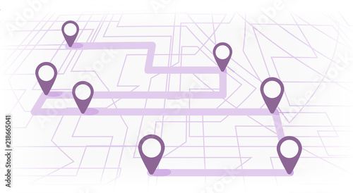 Digital map with colorfull seven points. The way of city navigation with the beginning and the end