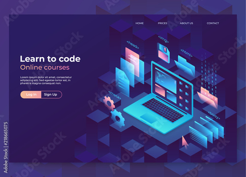 Landing page concept, header for website. Online education illustration, programming and coding process. Isometric laptop with graphic elements. Eps10 vector