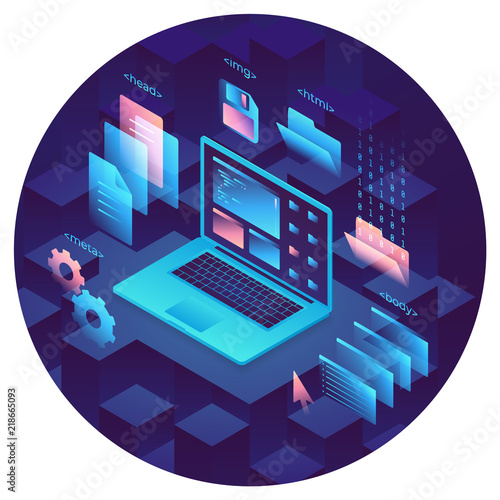Web development and programming ilustration concept.  Design element for website. Laptop, folders, pages on violet background. Landing page idea. Eps10 vector