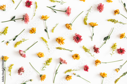 Autumn floral composition. Pattern made of fresh flowers on white background. Autumn, fall concept. Flat lay, top view