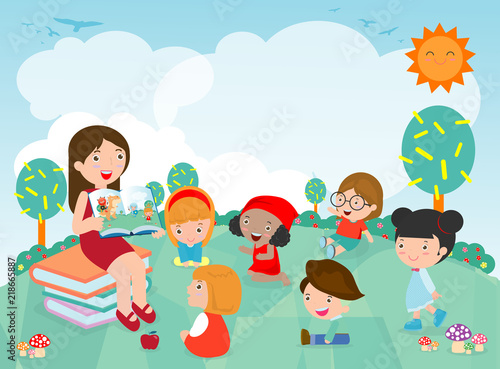 Teacher telling a story to nursery children in the garden, cute Kids Listening to Their teacher Tell a Story, teacher reading books for child in the kindergarten. Vector Illustration