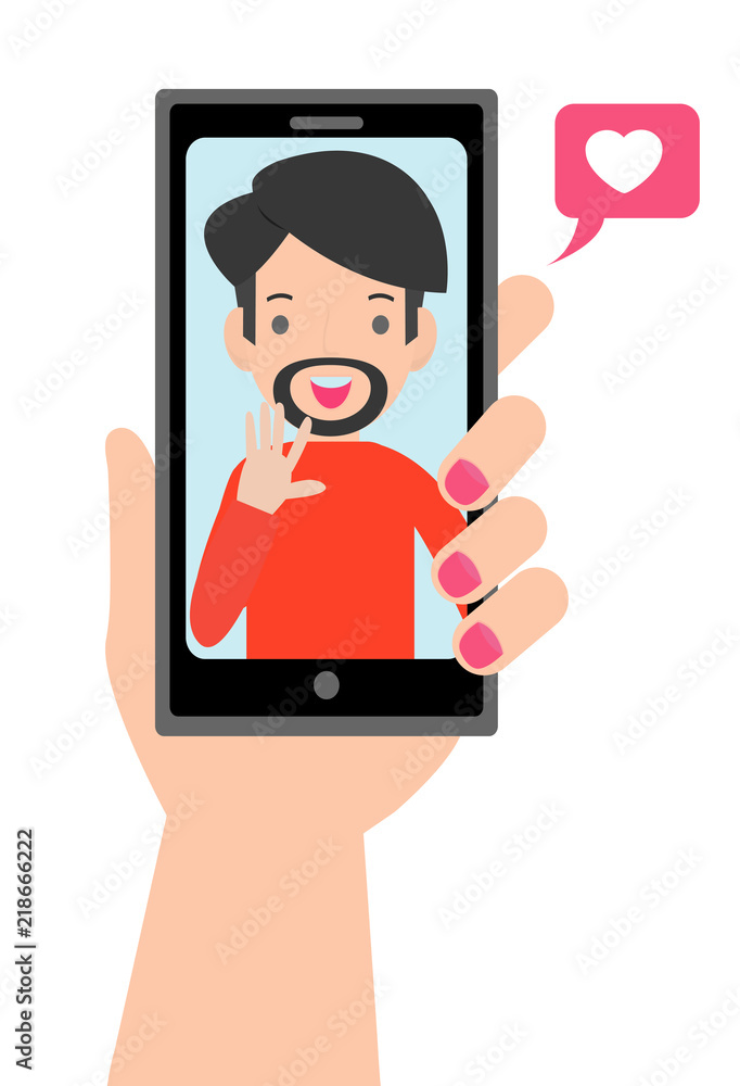 Video call with loved one. Female hand holding smartphone with boyfriend on  screen. Online dating, long distance relationship  talking in   cartoon vector illustration Stock Vector | Adobe Stock