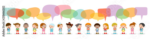 Cute kids with speech bubbles, Set of diverse Kids and Different nationalities with speech bubbles isolated on white background