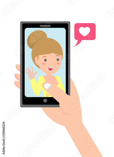 Video call with loved one. male hand holding smartphone with grilfriend on screen. Online dating, long distance relationship concept.Couple talking in messenger.Flat cartoon vector illustration.