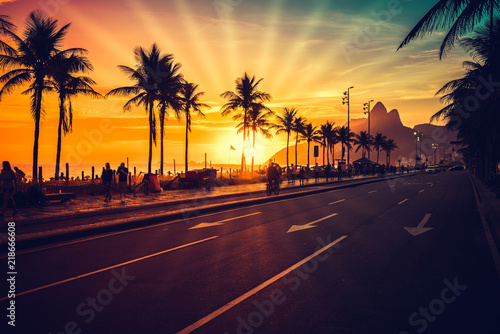 Amazing Sunset on Ipanema Beach with sun rays, Rio de Janeiro, Brazil
